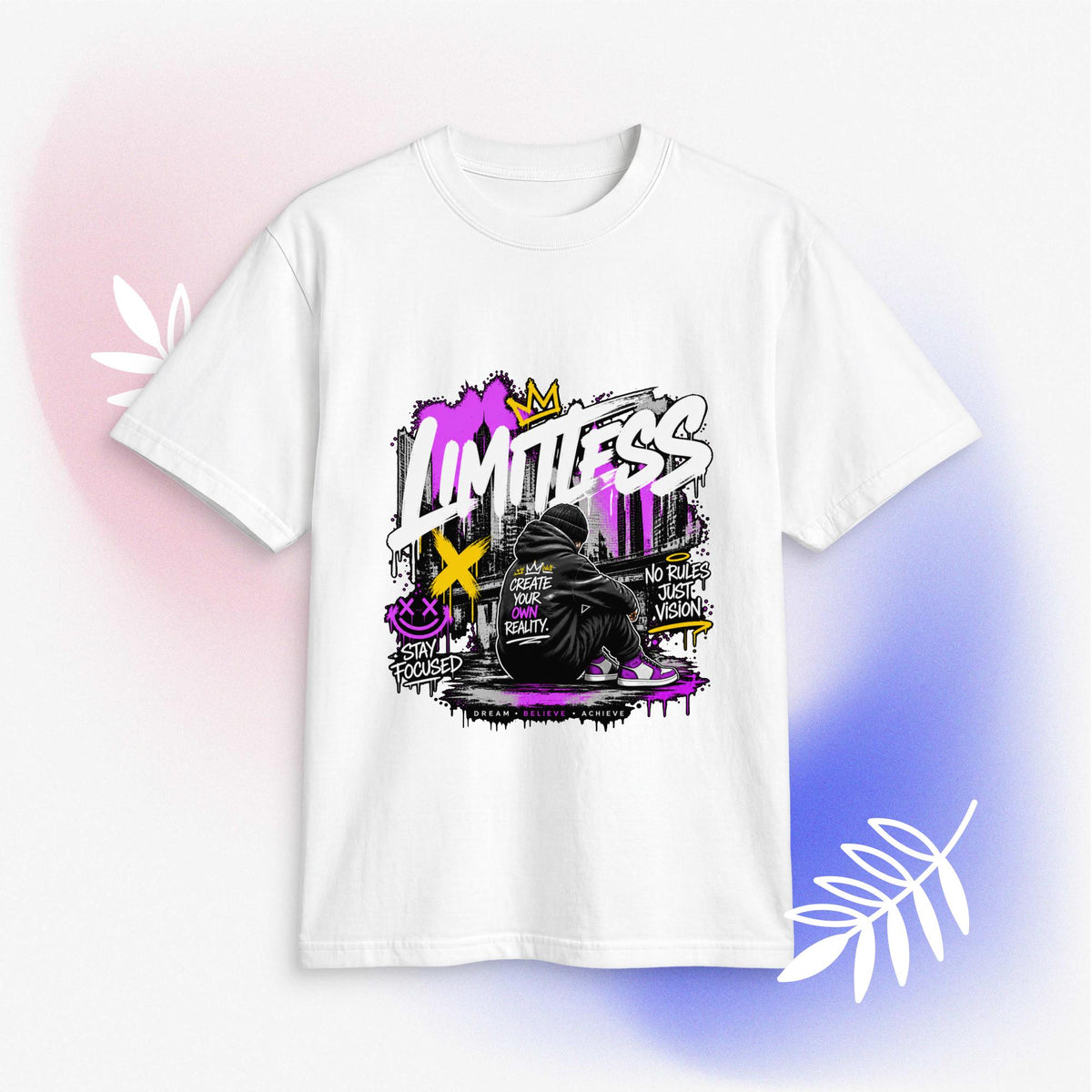 White unisex graphic t-shirt with a colorful purple and yellow graffiti design that reads No Rules, Just Vision, on a pink and blue background